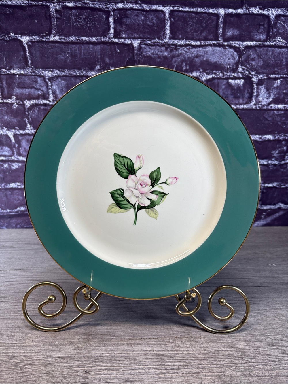 Homer Laughlin Century Service Emerald Green Border Pale Pink Rose Dinner Plate